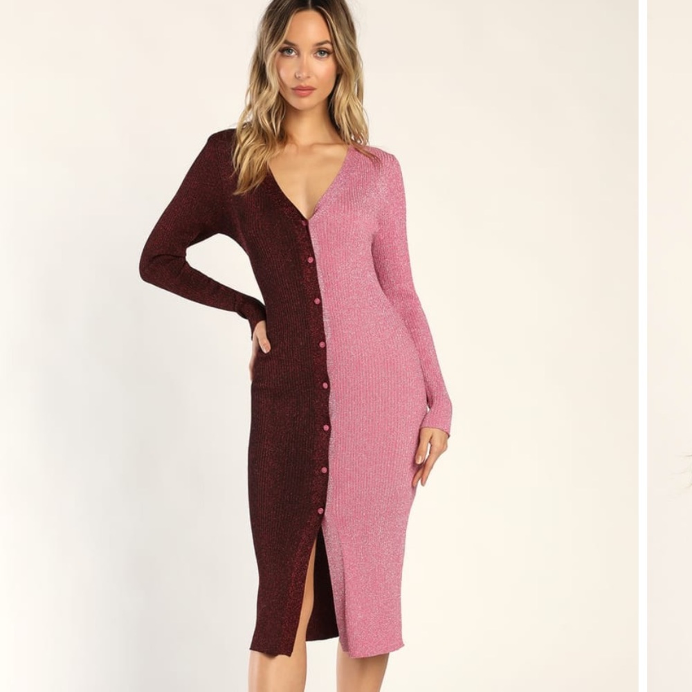 Lulus Extra Gorgeous Shiny Burgundy & Pink Color Block Sweater Dress